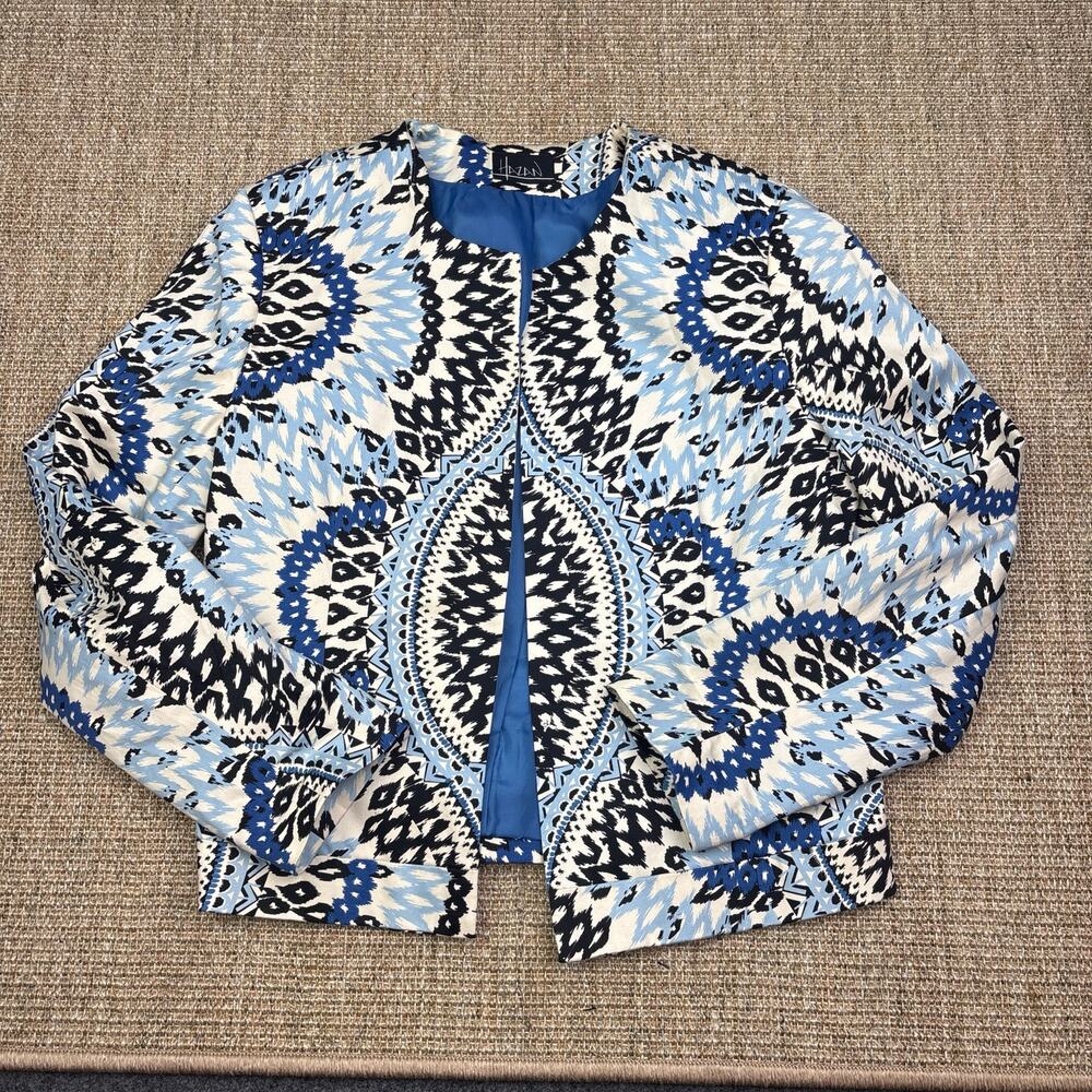 💙 Hazan Ikat Geometric Print Open Front Jacket | Size L | Blue White Black